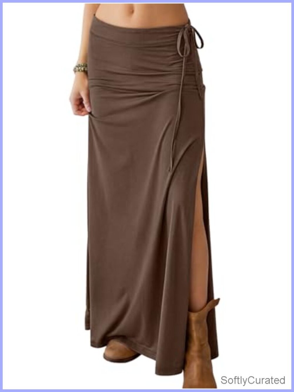 High Waisted Side Slit Maxi Skirt Flowy Boho Beach Long Skirt Drawstring